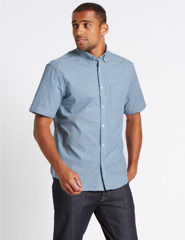 Marks & Spencer Pure Cotton Checked Shirt With Pocket Teal