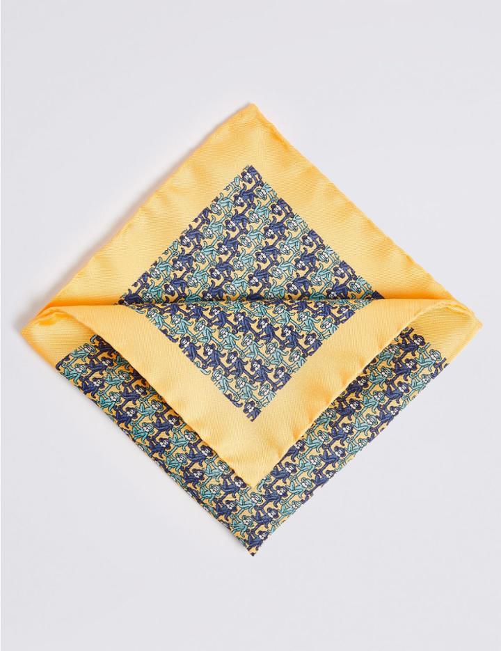 Marks & Spencer Pure Silk Monkey Print Pocket Square Yellow Mix