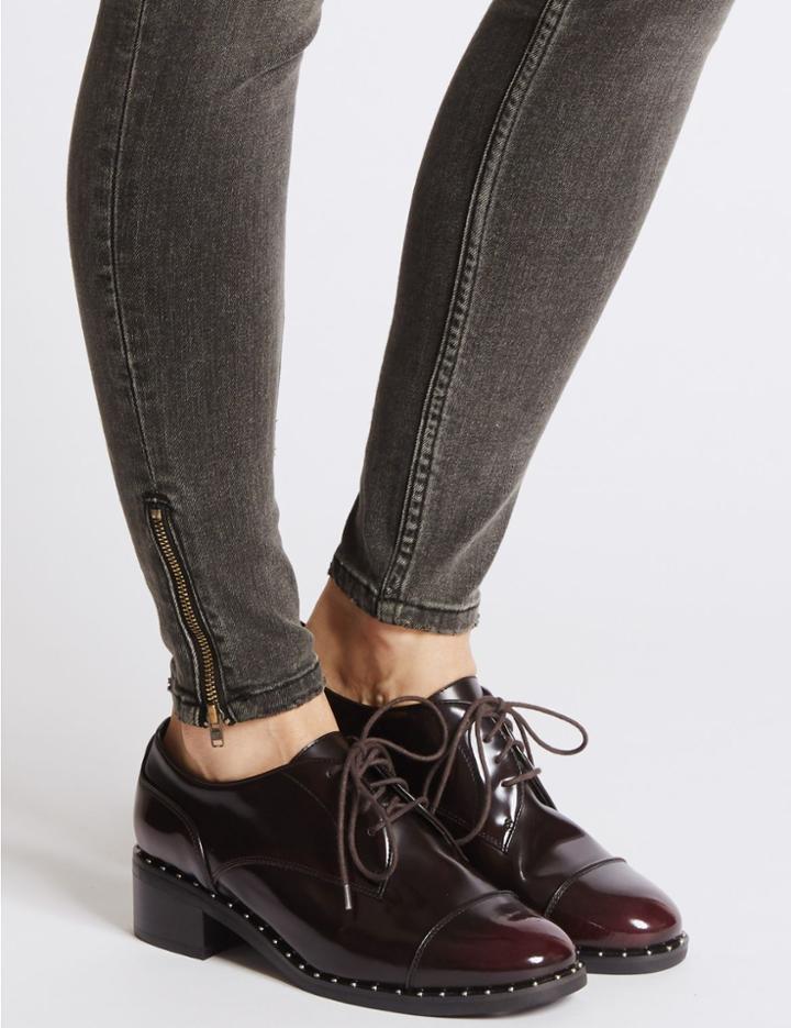 Marks & Spencer Wide Fit Leather Block Heel Brogue Shoes Oxblood