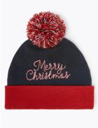 Marks & Spencer Merry Christmas Slogan Beanie Hat Red Mix