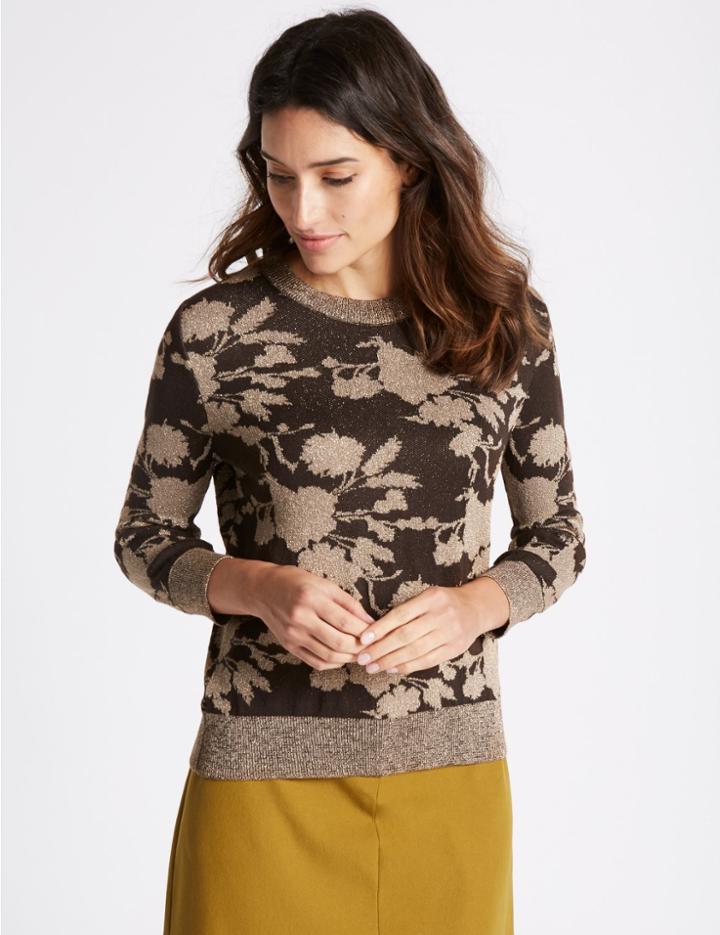 Marks & Spencer Jacquard Print Round Neck Jumper Brown Mix