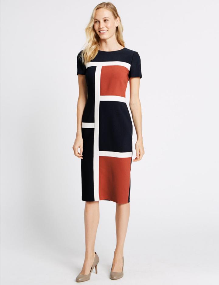 Marks & Spencer Colour Block Short Sleeve Shift Midi Dress Orange Mix
