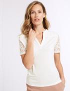 Marks & Spencer Lace Notch Neck Short Sleeve Top Ivory