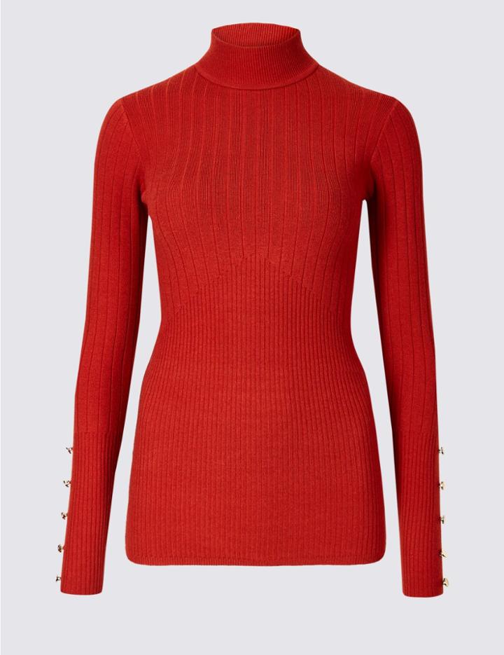 Marks & Spencer Ribbed Button Detail Funnel Neck Jumper Copper