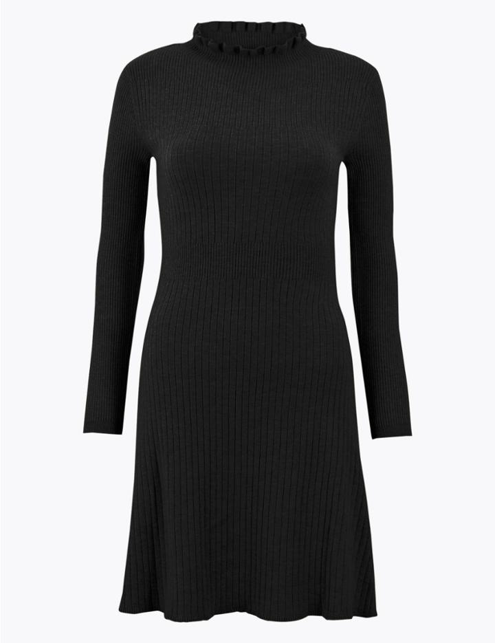 Marks & Spencer Ruffle Neck Knitted Mini Dress Black