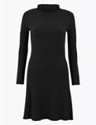 Marks & Spencer Ruffle Neck Knitted Mini Dress Black