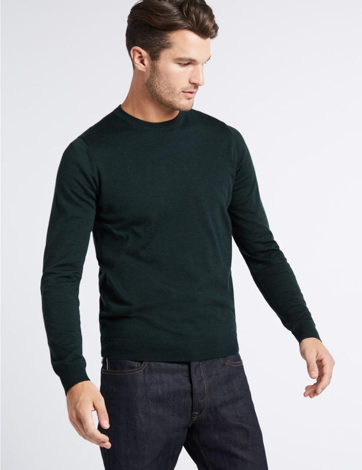 Marks & Spencer Pure Merino Wool Crew Neck Jumper Dark Evergreen