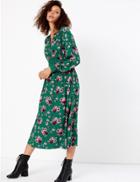 Marks & Spencer Floral Waisted Midi Dress Green Mix