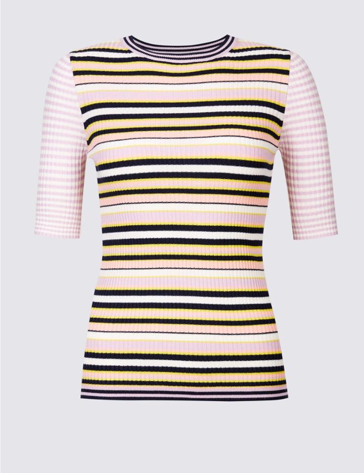Marks & Spencer Striped Round Neck Half Sleeve Jumper Multi