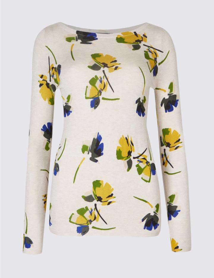 Marks & Spencer Petite Floral Print Slash Neck Jumper Cream Mix