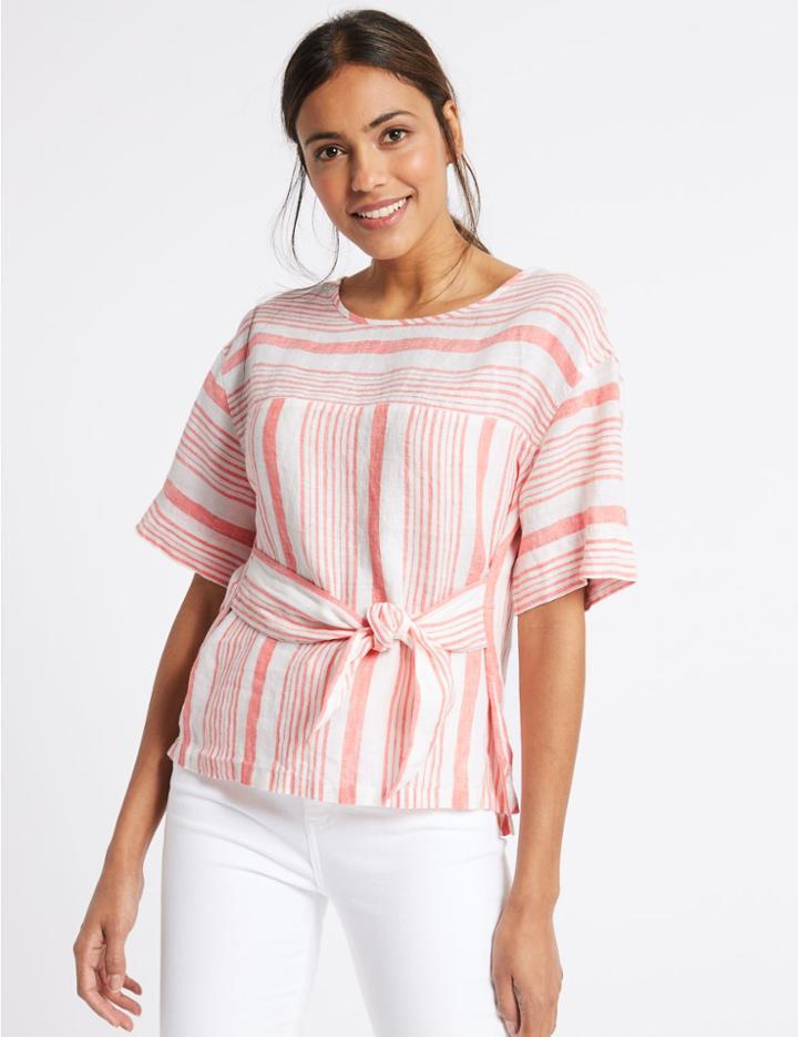 Marks & Spencer Pure Linen Striped Half Sleeve Blouse Coral Mix