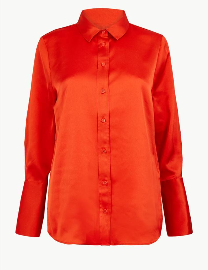 Marks & Spencer Satin Flared Cuff Shirt Orange