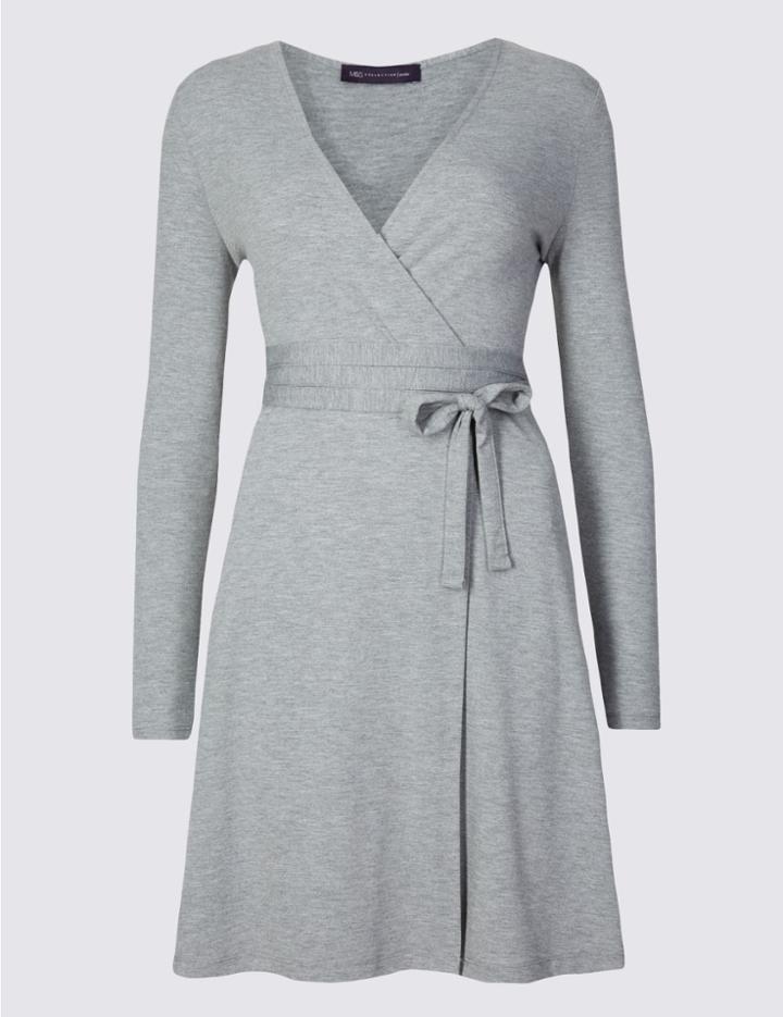 Marks & Spencer Petite Wrap Long Sleeve Skater Dress Grey Marl