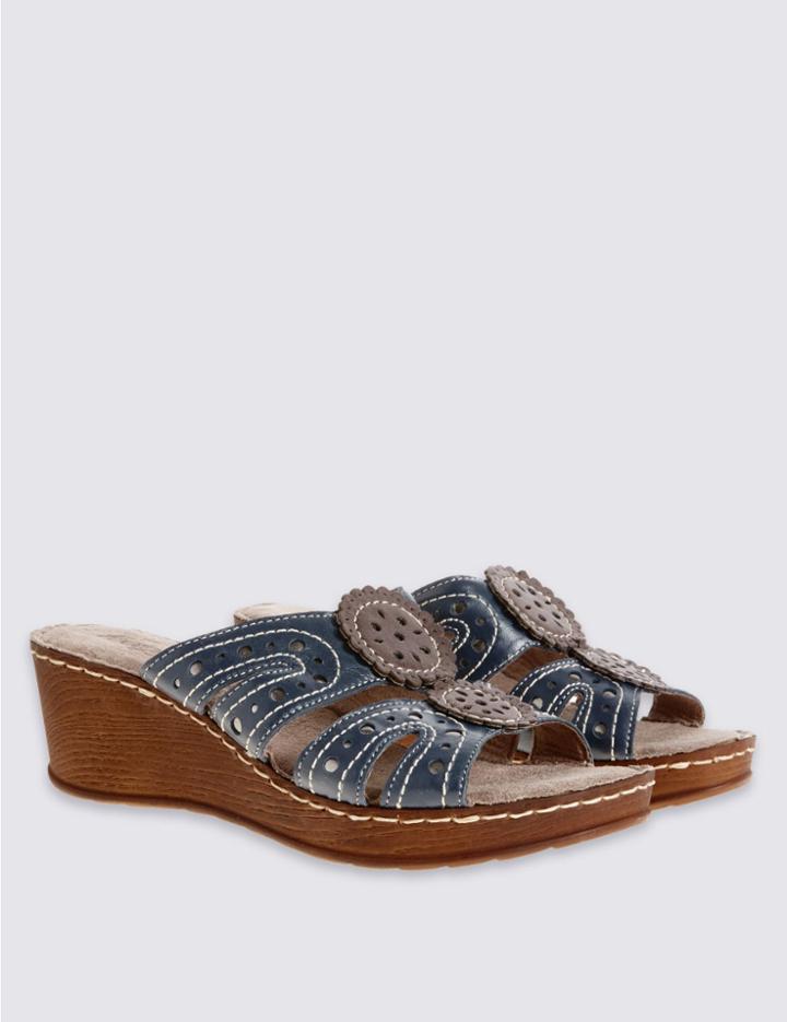 Marks & Spencer Wide Fit Leather Wedge Heel Slip-on Sandals Navy Mix
