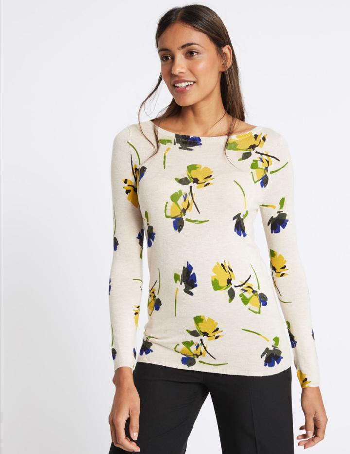 Marks & Spencer Floral Print Slash Neck Jumper Cream Mix