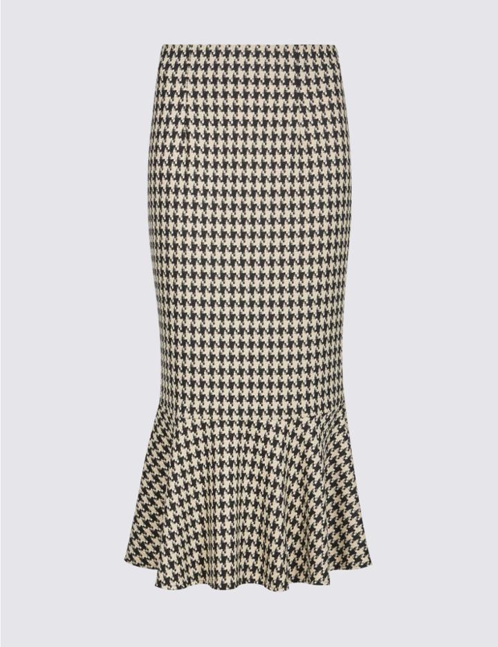 Marks & Spencer Checked Fishtail Midi Skirt Black Mix