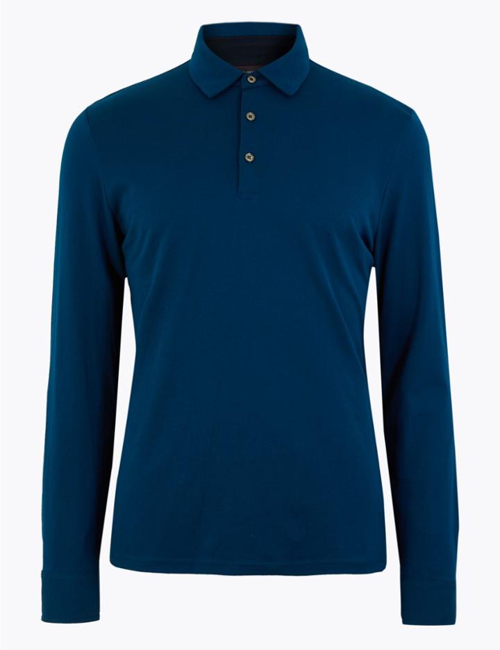 Marks & Spencer Supima Cotton Long Sleeve Polo Shirt Marine