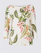 Marks & Spencer Floral Print Slash Neck 3/4 Sleeve T-shirt Ivory Mix