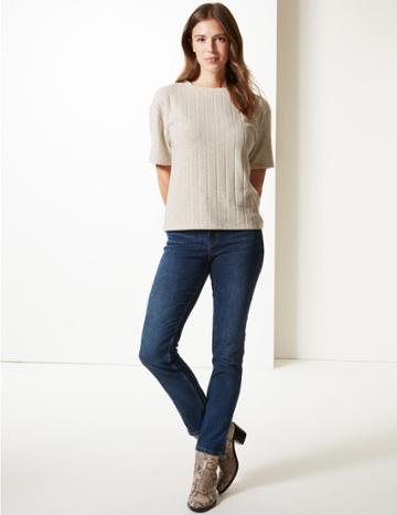Marks & Spencer Textured Cosy Short Sleeve Sweatshirt Oatmeal