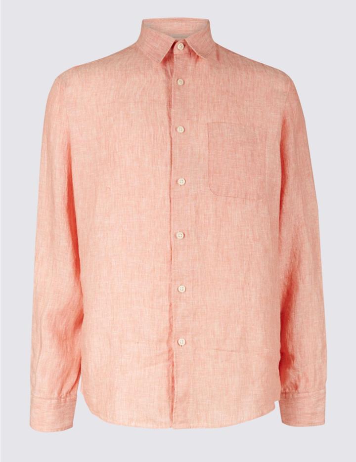 Marks & Spencer Pure Linen Shirt With Pocket Peach