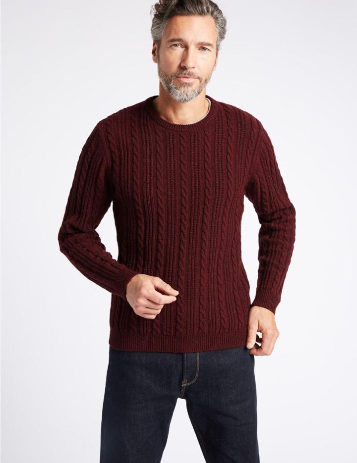 Marks & Spencer Wool Blend Textured Crew Neck Jumper Burgundy