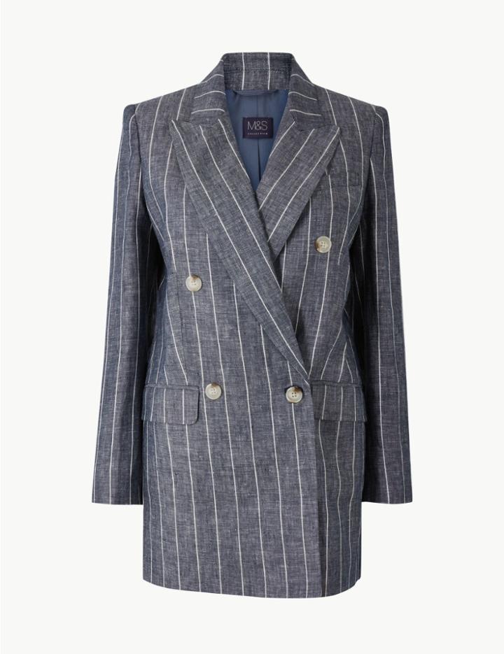 Marks & Spencer Pure Linen Oversized Striped Blazer Navy Mix
