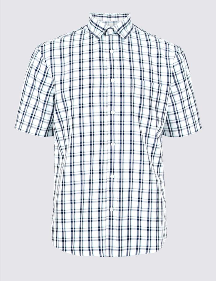 Marks & Spencer Easy Care Modal Rich Checked Shirt Soft Turquoise