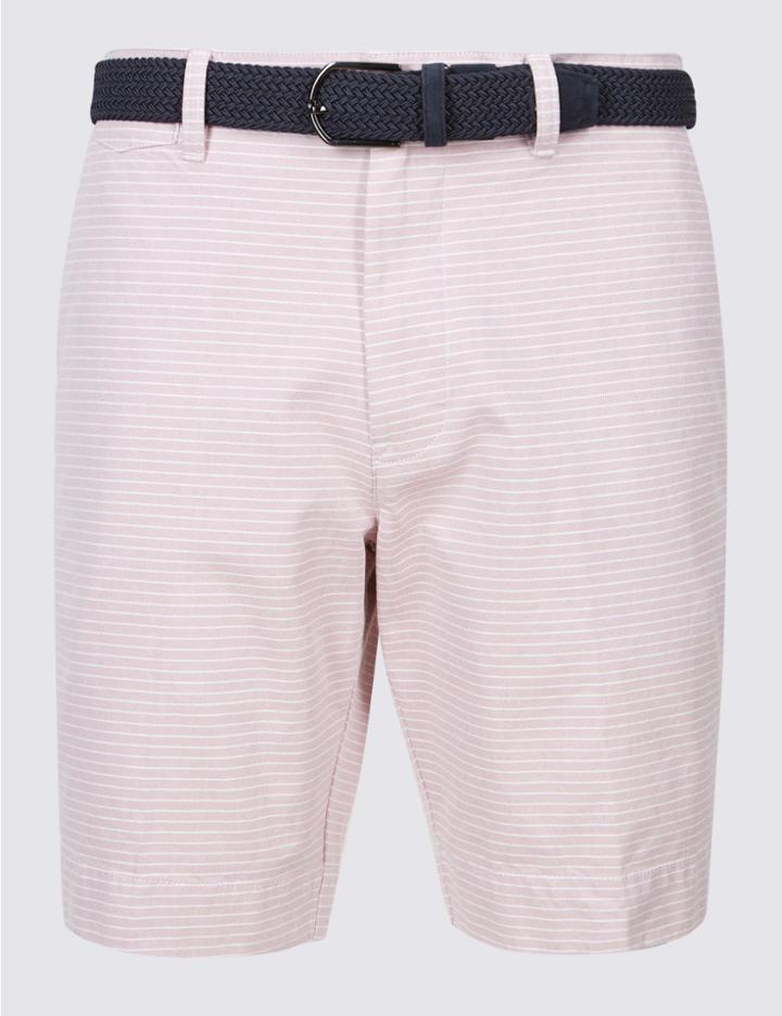 Marks & Spencer Pure Cotton Striped Shorts With Belt Red Mix
