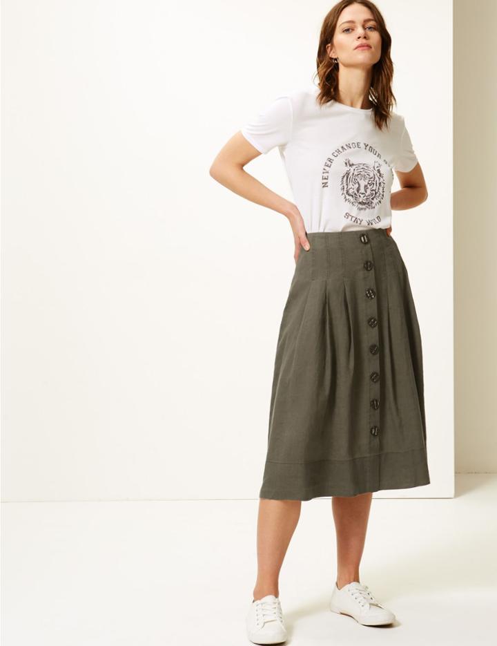 Marks & Spencer Linen Rich Fit & Flare Midi Skirt Khaki
