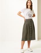 Marks & Spencer Linen Rich Fit & Flare Midi Skirt Khaki
