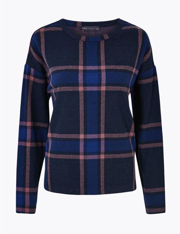 Marks & Spencer Checked Crew Neck Long Sleeve Top Navy Mix