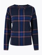 Marks & Spencer Checked Crew Neck Long Sleeve Top Navy Mix
