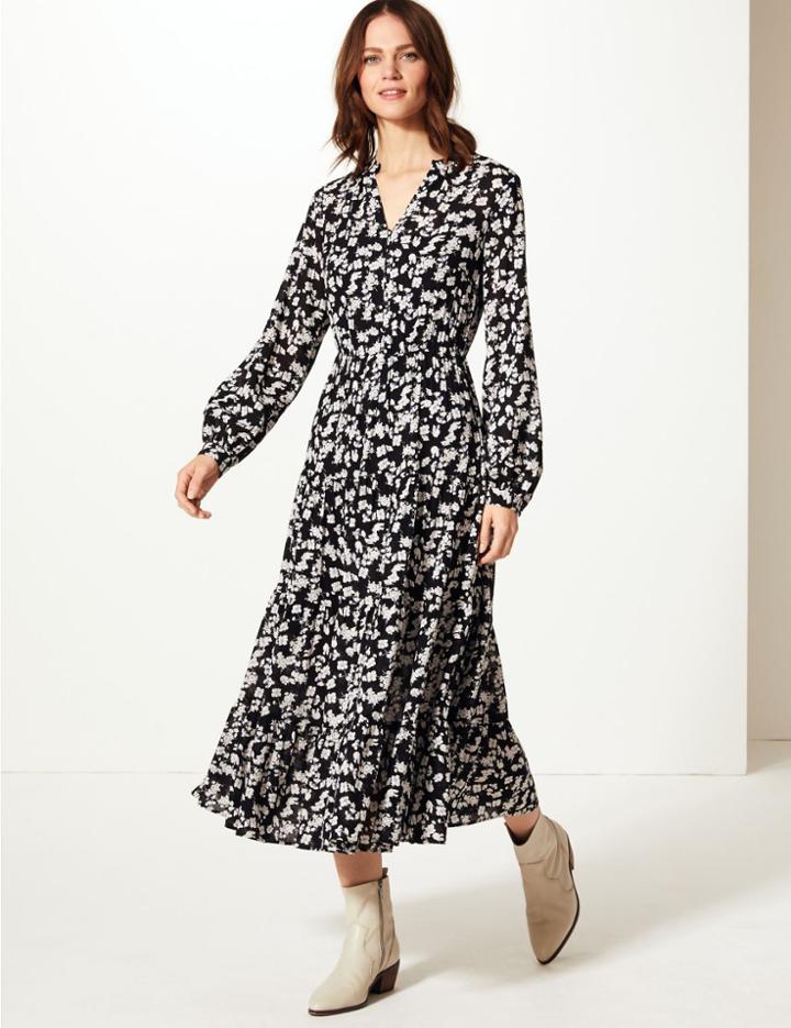 Marks & Spencer Floral Print Waisted Maxi Dress Black Mix