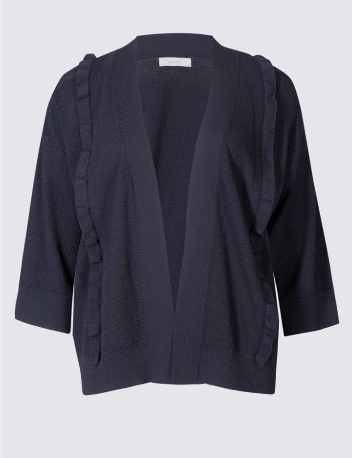 Marks & Spencer Textured Stitch Frill 3/4 Sleeve Cardigan Navy