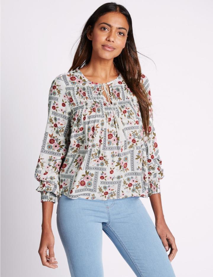 Marks & Spencer Floral Print Notch Neck Long Sleeve Blouse Ivory Mix