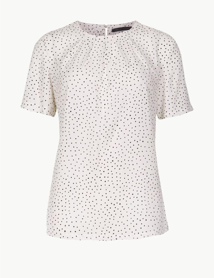 Marks & Spencer Polka Dot Round Neck Short Sleeve Shell Top Ivory Mix