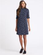 Marks & Spencer Floral Print Frill Sleeve Tunic Dress Navy Mix