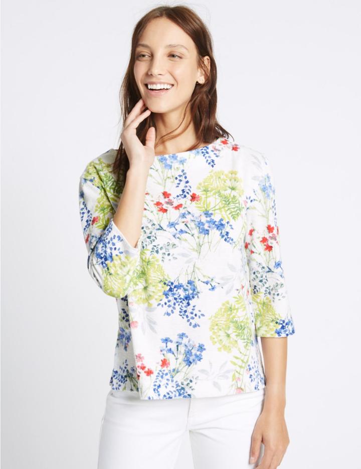 Marks & Spencer Floral Print 3/4 Sleeve Sweatshirt Ivory Mix