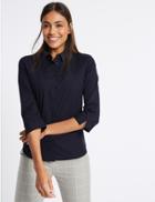 Marks & Spencer Cotton Rich Split 3/4 Sleeve Shirt Navy
