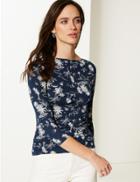 Marks & Spencer Cotton Rich Palm Doodle Fitted T-shirt Navy Mix