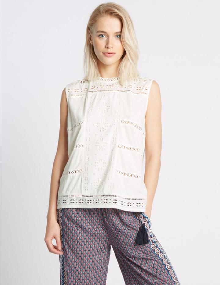 Marks & Spencer Pure Cotton Round Neck Sleeveless Blouse Soft White