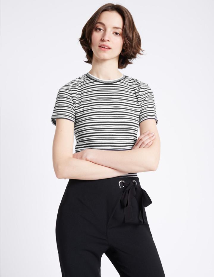 Marks & Spencer Striped Round Neck Short Sleeve T-shirt Navy Mix