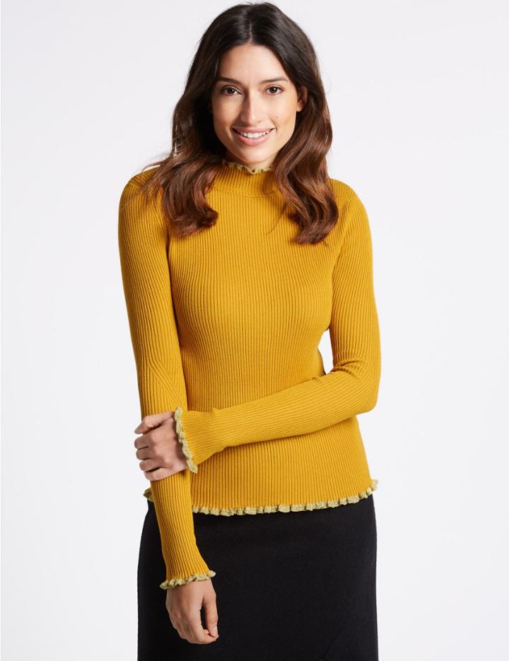 Marks & Spencer Contrasting Edge Roll Neck Jumper Ochre