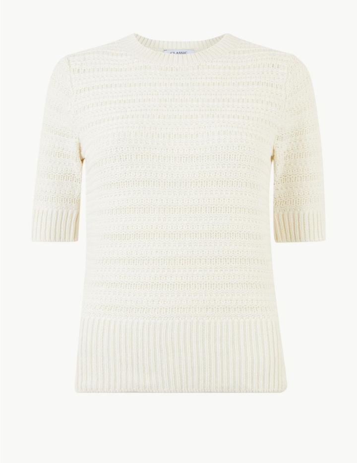Marks & Spencer Pure Cotton Textured Short Sleeve Jumper Cream