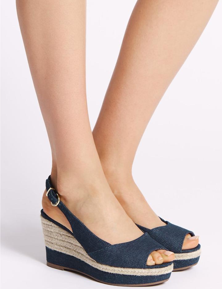 Marks & Spencer Wide Fit Wedge Heel Peep Toes Sandals Denim