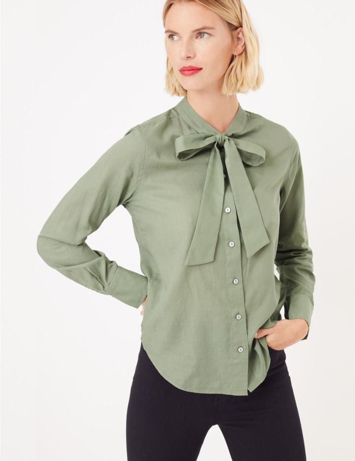 Marks & Spencer Pure Cotton Tie Neck Shirt Sage