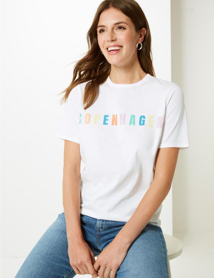 Marks & Spencer Pure Cotton Copenhagen Straight Fit T-shirt White Mix