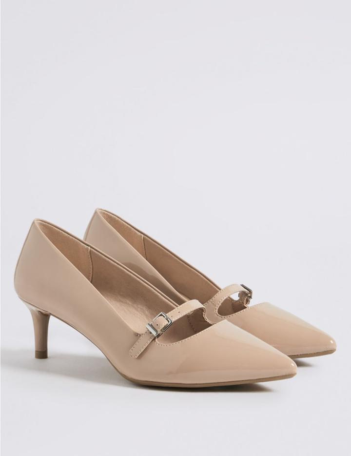 Marks & Spencer Wide Fit Kitten Heel Bar Court Shoes Caramel