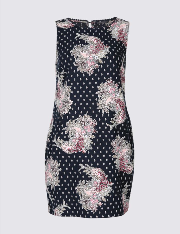 Marks & Spencer Curve Linen Blend Floral Print Tunic Dress Navy Mix