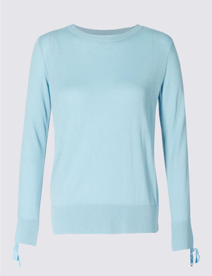 Marks & Spencer Round Neck Tie Sleeve Jumper Light Blue